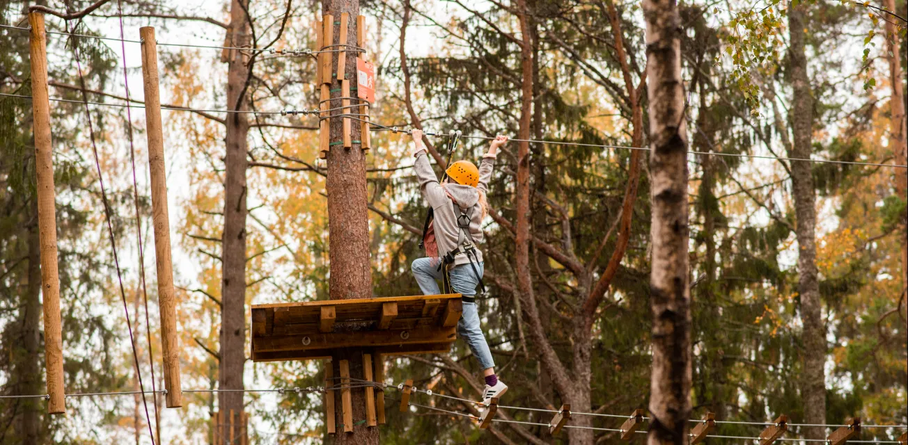 Barn som klättar vid äventyrsbanan Flow Park på hösten.