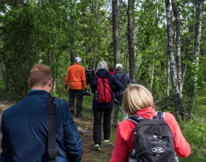 Ryggarna på ett sällskap som vandrar på Åland.